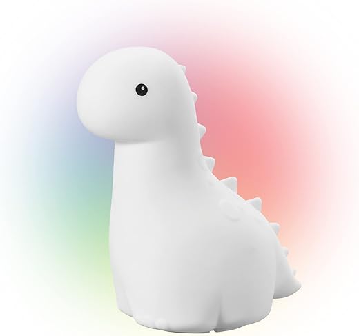 Globe Electric 13848 Brontosaurus Multicolor Changing LED Integrated Rechargeable Silicone Night Light, Table Lamp, Tap Light, White, Room Décor, Home Décor, Nightstand, Bedside Lamps, LED Lamp